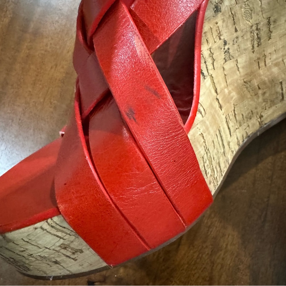 Tory Burch Red Leather Cork Wedge Sandals - Picture 4 of 11